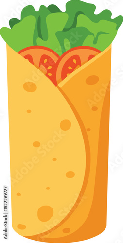 Flat vector illustration of burrito wrap with tortilla, lettuce, tomato filling, Mexican cuisine snack design, healthy food decorative art