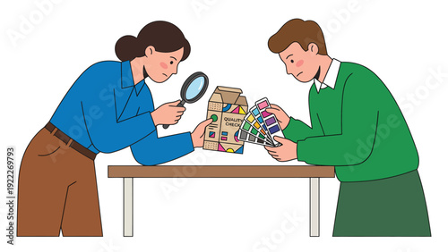 Graphic designers or quality control team inspecting product packaging color and print accuracy with swatches