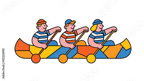 Three cartoon people paddling a colorful canoe illustration. Teamwork, outdoor recreation, and adventure concept.