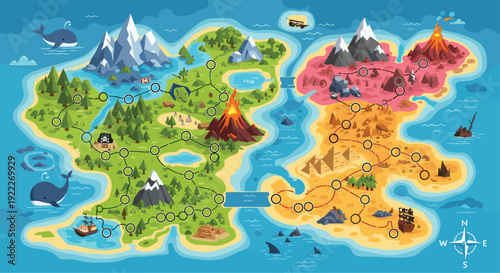 Detailed fantasy adventure game map featuring islands volcanoes forests mountains sea monsters and a winding path for exploration.