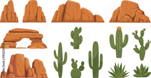 Colorful vector illustration of desert landscape elements, sandstone rock formations, natural arch, cactus plants, succulent vegetation, arid ecosystem design template set