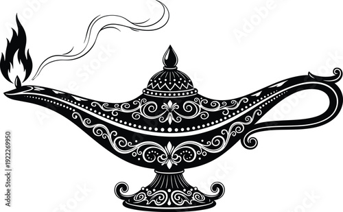 Flat vector illustration of ornate genie lamp silhouette, mystical decorative design with floral motifs, fantasy magic symbol, folklore accessory art