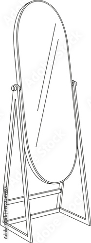 Flat vector illustration of oval mirror technical drawing, furniture design, engineering construction diagram, tilting frame structure, decorative art