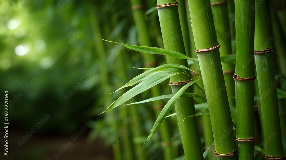 Fototapeta premium Vibrant green bamboo stalks and leaves in a sun d d forest thicket symbolizing natural growth and tranquility
