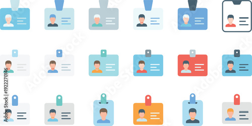 Colorful vector illustration of identification badge icons, workplace conference event passes, personal ID templates, user profile design, digital access credential concept set