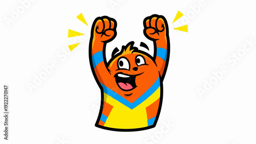 Joyful cartoon character with orange fur and raised arms celebrating success.