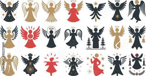 Colorful vector illustration of angel icons with halos and wings, decorative holiday designs, religious symbolism, festive ornament template, Christmas celebration concept set