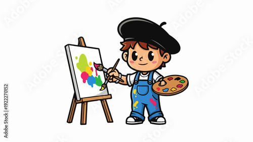 Cute cartoon boy artist painting on an easel with colorful paints.