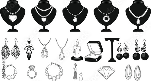 Flat vector illustration of jewelry collection silhouettes, ornate necklaces, rings, earrings, bracelets, pendants, diamond icon, fashion accessory display designs
