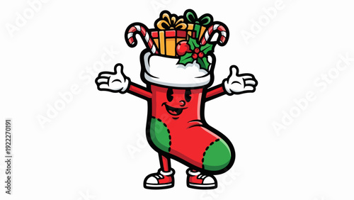 Joyful Christmas stocking cartoon mascot with open arms.