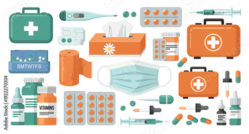 Flat vector illustration of medical healthcare supplies with first aid kit, thermometer, pills, vitamins, syringe, mask, bandage, tissue box