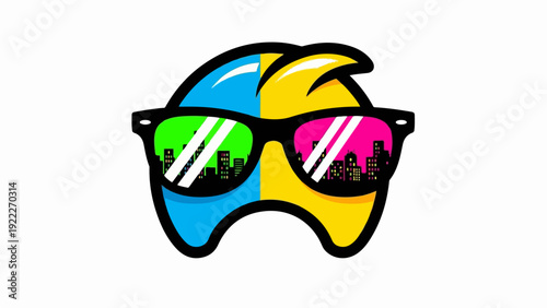 Vibrant cartoon character with cool sunglasses reflecting city skyline.