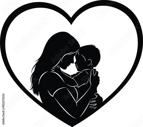 Flat vector illustration of mother holding baby inside heart silhouette, maternal love, family bond, parenting design, emotional decorative art
