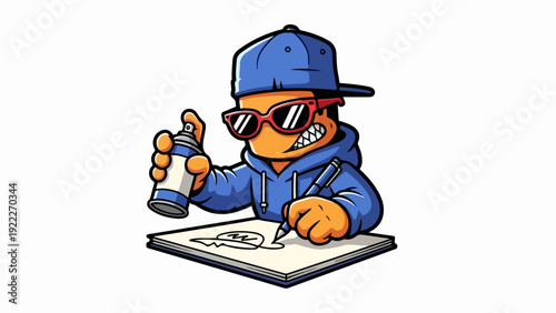 Cartoon Graffiti Artist Character with Spray Can and Sketchbook.