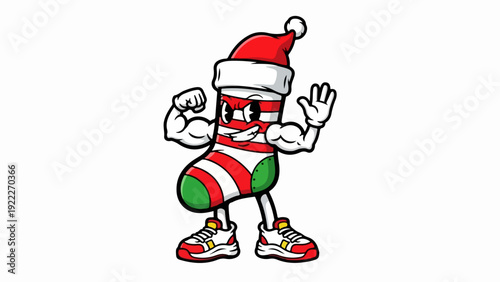 Strong Christmas stocking cartoon character flexing muscles.