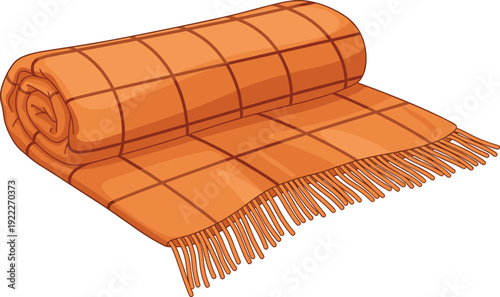Flat vector illustration of orange checkered blanket with fringes, rolled textile design, cozy home decor, comfort accessory, fabric pattern art