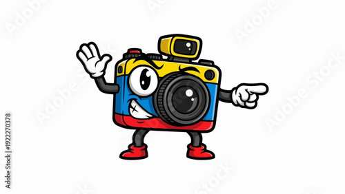 Friendly cartoon camera character waving and pointing with Colombian flag colors.