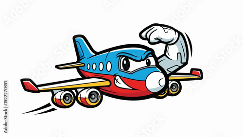 Cartoon airplane with a muscular arm showing strength and power.