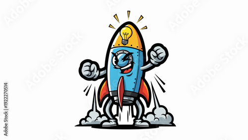 Cartoon rocket character with a lightbulb head and excited expression.