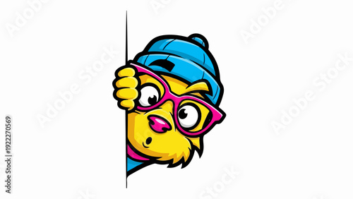 Curious yellow cartoon animal with glasses peeking from behind a wall.