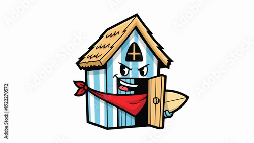 Cartoon Beach Hut Character with Surfboard and Red Bandana Ready for Waves.