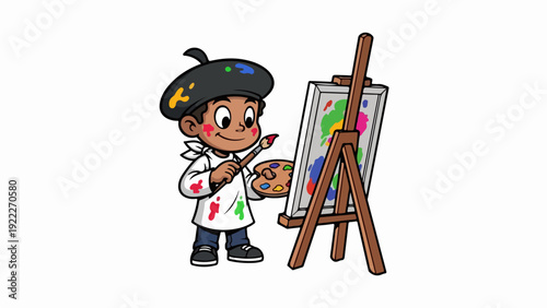 Young cartoon artist boy painting on a canvas with an easel.