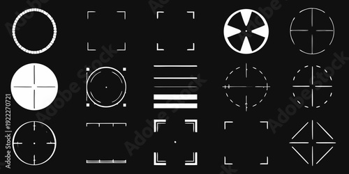 Abstract arrangement of white geometric shapes on a black background