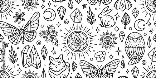 Intricate black and white pattern featuring mystical creatures and botanical elements