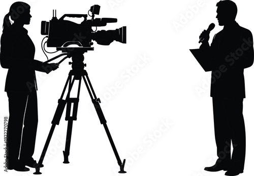 Business news reporter interviewing on camera, television presenter with microphone and camerawoman filming live broadcast studio silhouette vector illustration