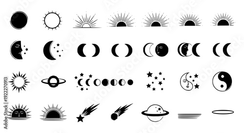 Minimal Grunge Black Sun and Moon Icon Pack with Distressed Edges