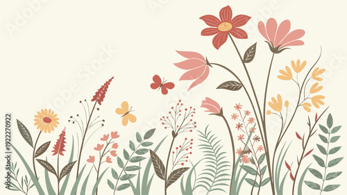Gemini said

Seamless vector illustration of an abstract nature pattern featuring a spring floral background with blooming flowers, butterflies, and green leaves for a beautiful summer wallpaper desig