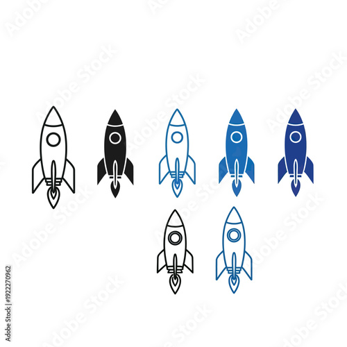 Vector Rocket Icon Set Modern Geometric Blue and Black Style with Symmetrical Flare Elements