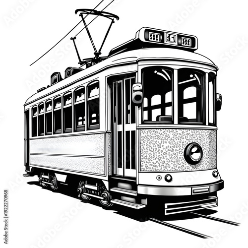 Vintage Tram: A classic black and white illustration of a vintage tram car, exuding timeless charm with its intricate detailing, evoking the nostalgia of urban transport history.