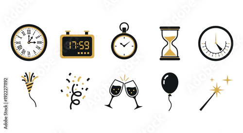Black gold and white icons featuring clocks timers and New Years Eve party elements