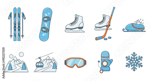 Collection of flatstyle icons related to winter sports and snow activities