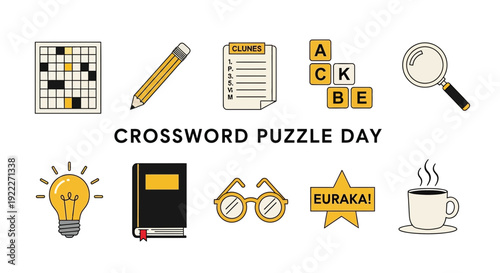Crossword Puzzle Day graphic with icons puzzle grid pencil clues list letter tiles magnifying glass lightbulb book glasses star and coffee cup
