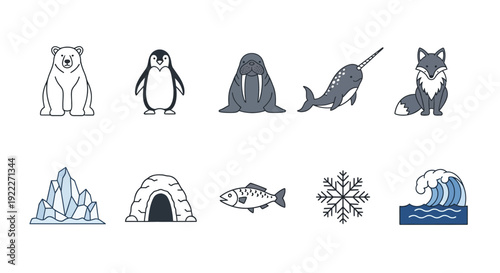 Collection of ten stylized icons representing Arctic animals and environmental elements