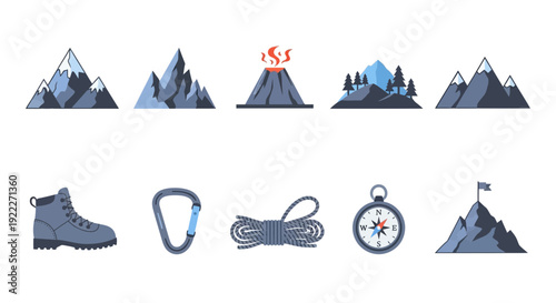 Flat graphic icons depicting mountains and climbing gear on a white background