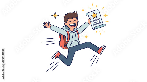 Excited student celebrates language module completion, jumping with certificate of achievement. Academic success and learning victory.