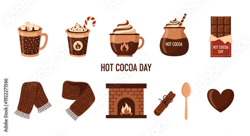 Hot Cocoa Day illustration with drinks winter accessories fireplace and chocolate