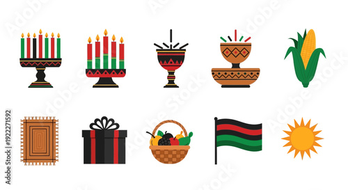Icons representing Kwanzaa symbols including the Kinara Mkeka and gifts