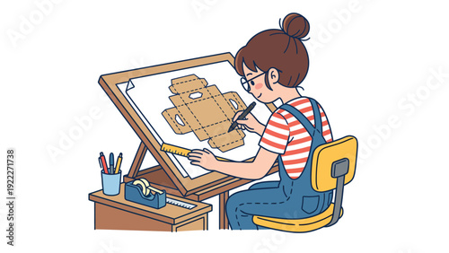 Female Designer Drawing Packaging Box Template Illustration at Drafting Table