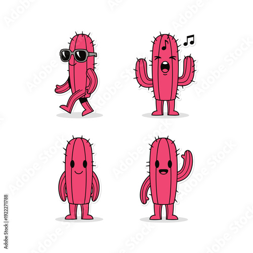 Cartoon cacti characters dancing and having fun in various poses with sunglasses and music notes