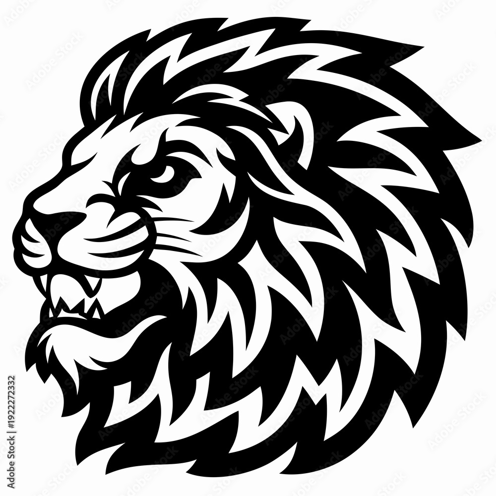Fototapeta premium Vigorous Black and White Roaring Lion Head Vector Illustration for Mascot and Emblem Designs