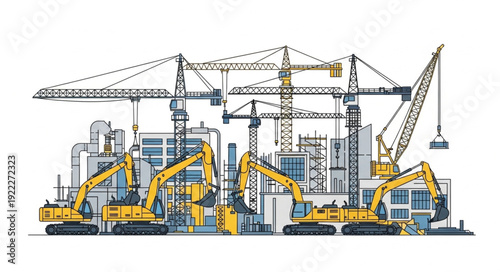 Construction site with cranes and excavators, building new structures and progress.