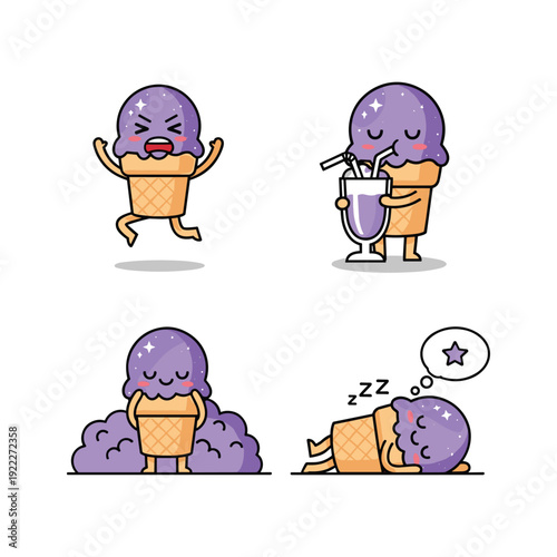 Purple ice cream character expressing different emotions and actions in a cartoon style