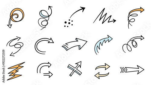 Extensive collection of hand drawn arrows scribbles and directional symbols in different colors and styles for highlighting data.
