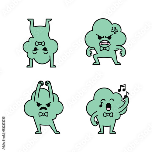 Cartoon trees expressing emotions and dancing with bow ties on white background