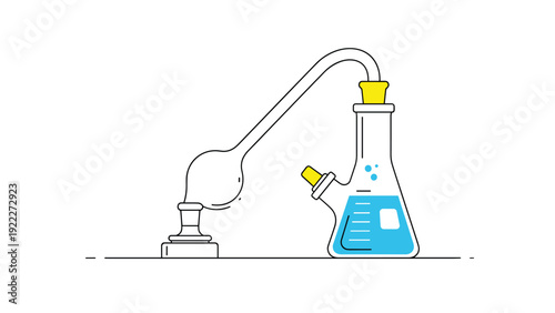 Chemical distillation apparatus with an Erlenmeyer flask containing blue liquid used for laboratory experiments.
