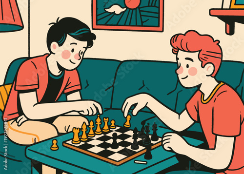 Two Teenagers Playing Chess Indoors Illustration Creative Design Template Background Vector